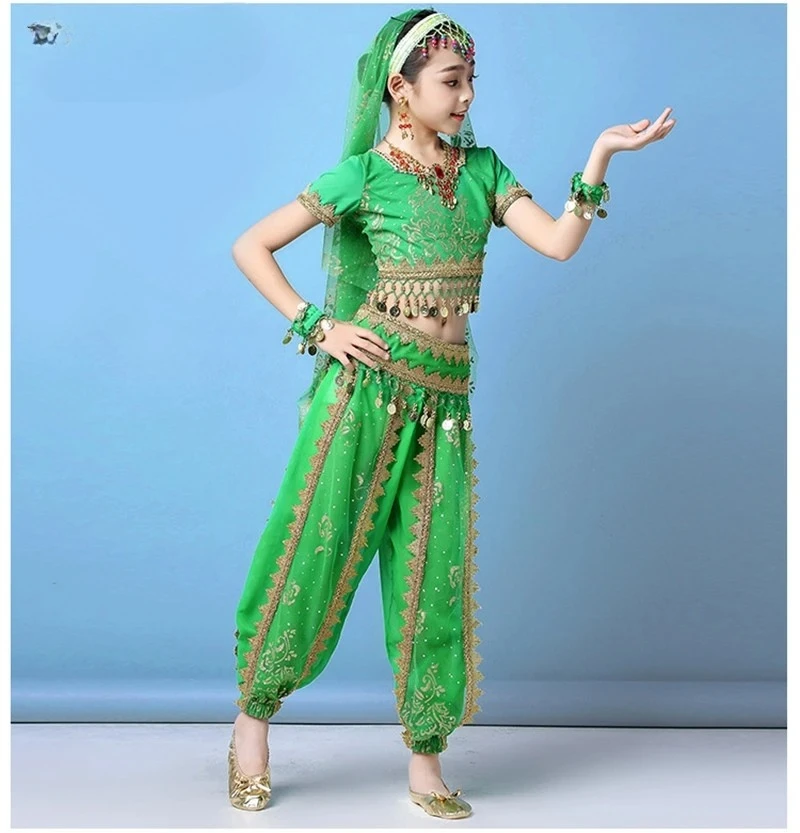 Conjunto de trajes de danza del vientre, vestidos de danza Oriental para niños, danza del vientre, niños indios, 4 colores, ropa de danza del vientre de la India