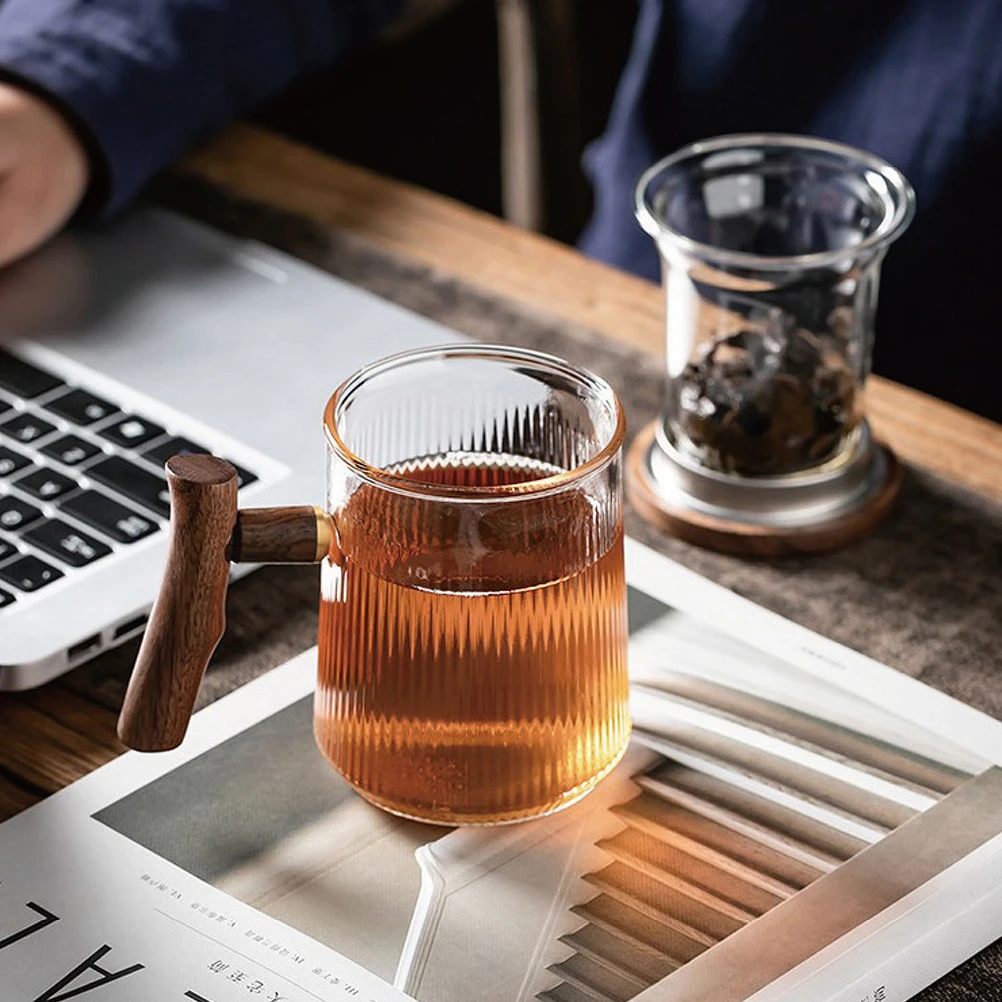 

Vertical Stripe Glass Tea Cup 380ml Infuser Lid Set Barware Elegant Style Loose Leaf Steeper Glass Mug
