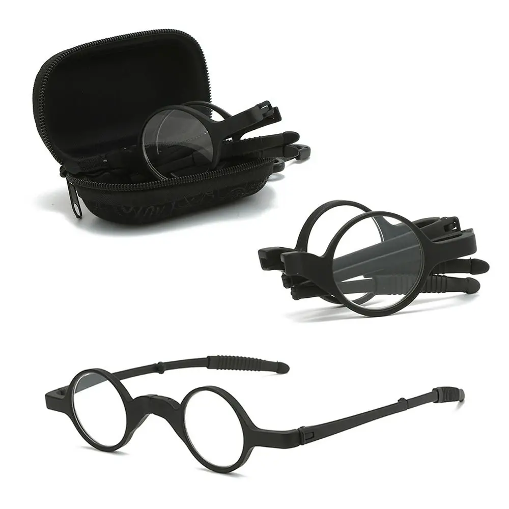 Small Folding Reading Glasses with Zipper Glasses Case Round Lens Spring Hinge Readers Hanging Pouch Presbyopic Eyeglasses