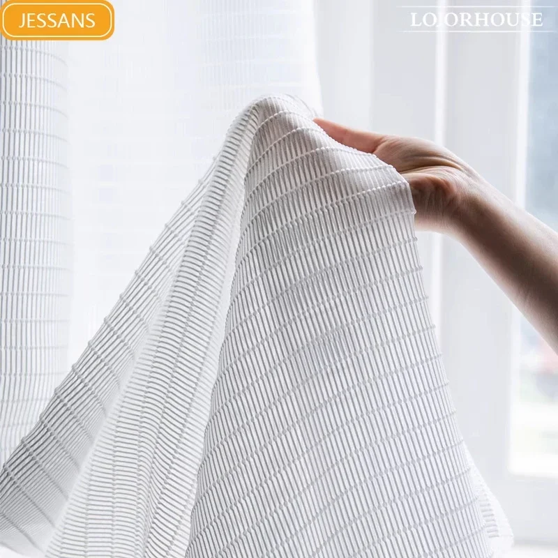 

Gauze Retro Plaid Jacquard White Gauze Embroidered Screen Window Curtains for Living Room Villa Window Screen Customization