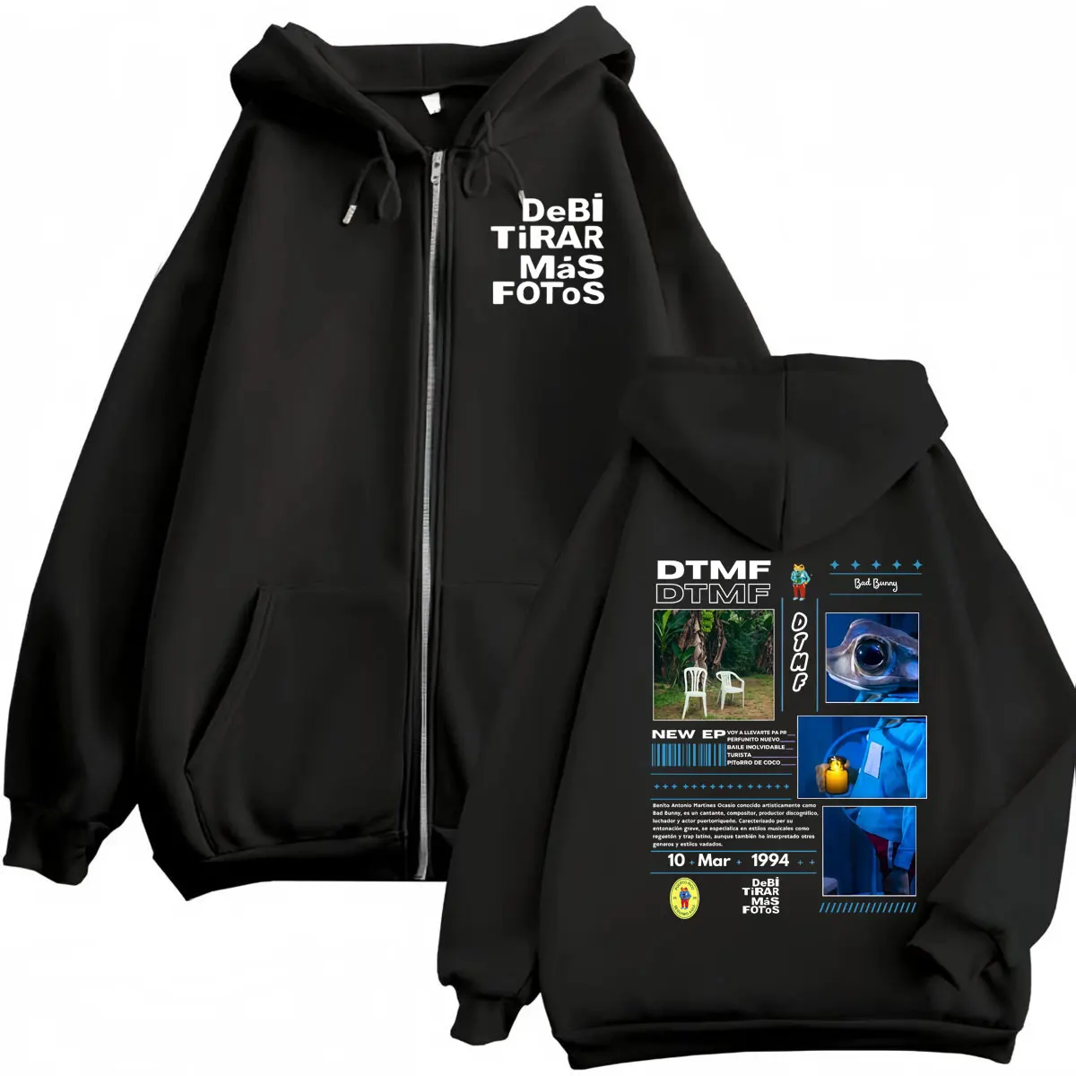 

Rapper Bad Bunny DTMF Zipper Hoodies Debí Tirar Más Fotos Album Graphic Zip Up Pullovers Men Women Fashion Hip Hop Sweatshirts