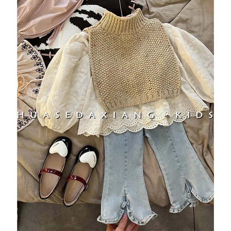 

Spring Autumn Korean Kids Girls 3PCS Clothes Set Knitted Shawl Cotton Vintage Blouse Flared Jeans Suit Children Girl Outfits