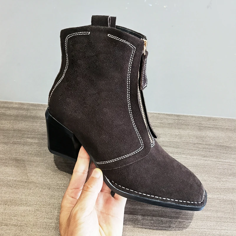 2027 New Cow Suede Chelsea Boots for Woman Retro Square Heels Ankle Boots Woman Classic Square Toe High Heels Short Boots Women