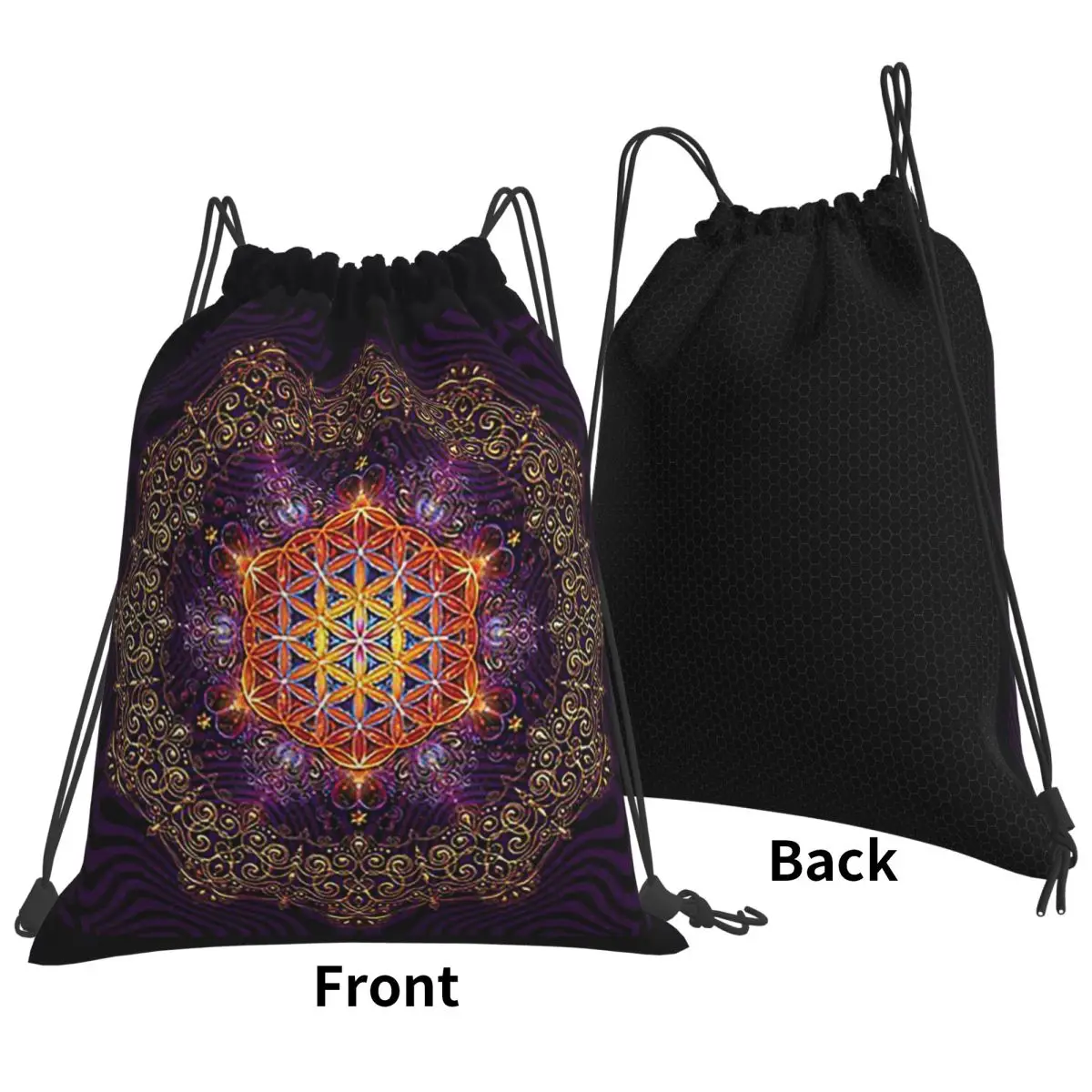 Flower Of Life Golden Lace Mandala Backpacks Casual Drawstring Bags Sports Bag Book Bags for Man Woman Students
