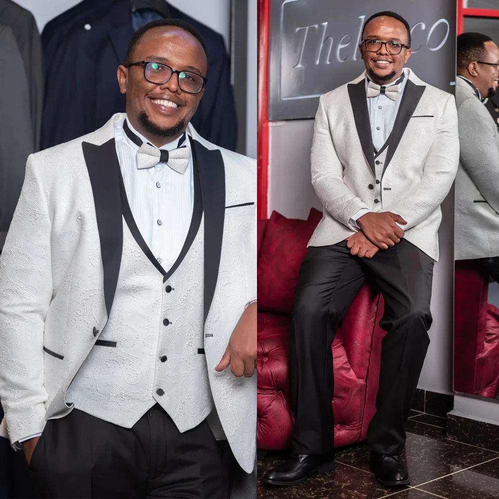 

Модные жаккардовые мужские костюмы из трех предметов, пиджак, брюки, остроконечные лацканы, свадебные смокинги на одной пуговице, тонкие мужские костюмы на заказ