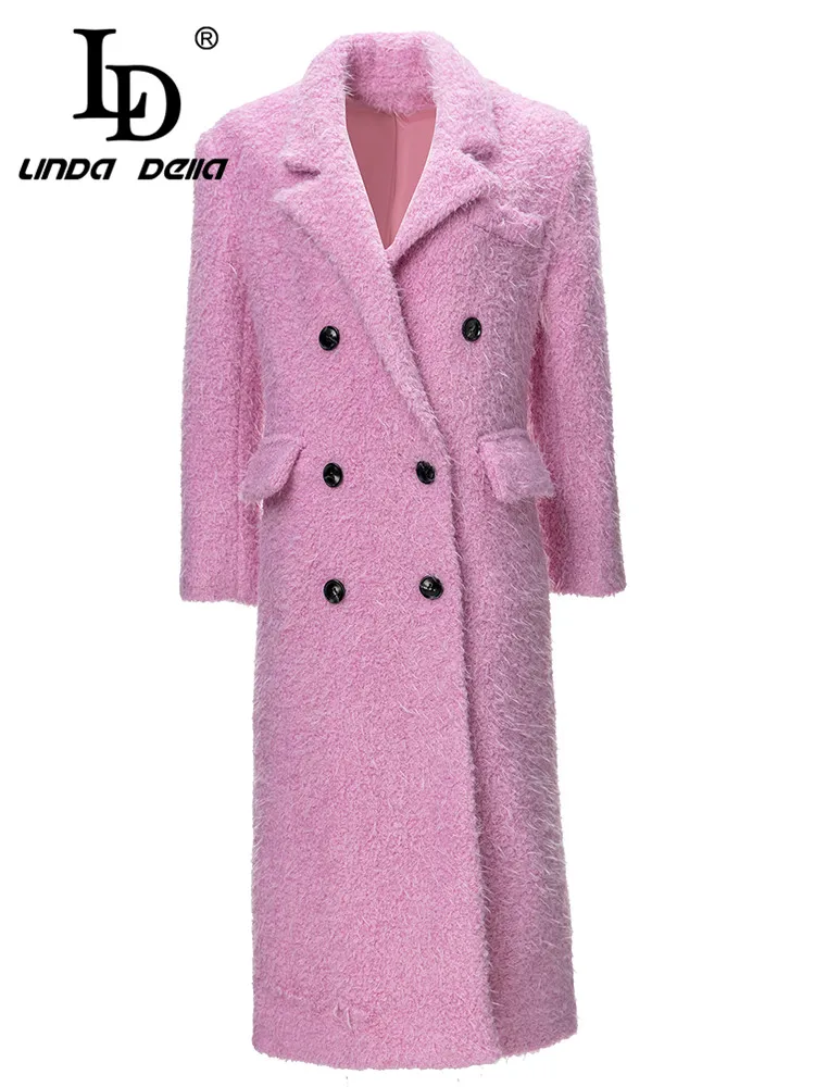 

LD LINDA DELLA Autumn and winter Plush Coat Women's Violet Lapel Double-breasted Pockets warm Loose Casual Long Coat