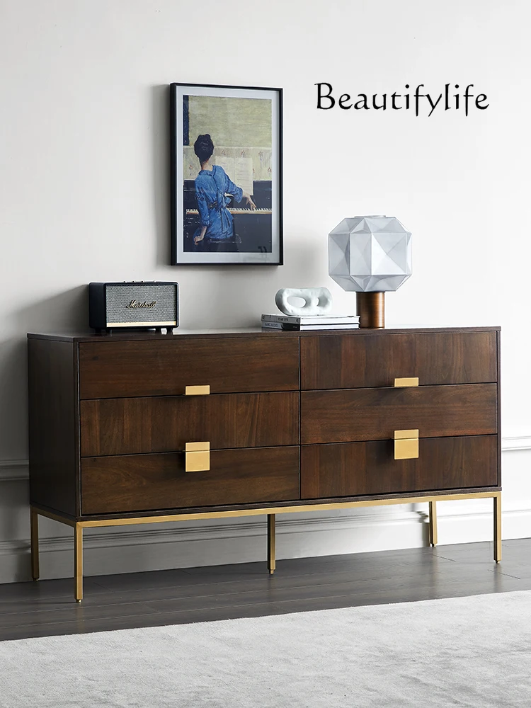 Nordic Light Luxury Chest of Six Drawers Modern Minimalist Walnut Dining Edge Retro TV Bench for Bedroom