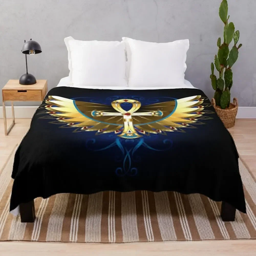 

Gold Ankh with Wings Throw Blanket Camping cosplay anime Sofa Quilt for babies Blankets