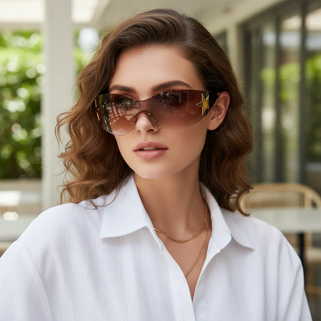 

Trendy Oversized Punk Rimless Eyewear Sports Sun Glasses Shades Wrap Around Y2K Sunglasses for Women Men