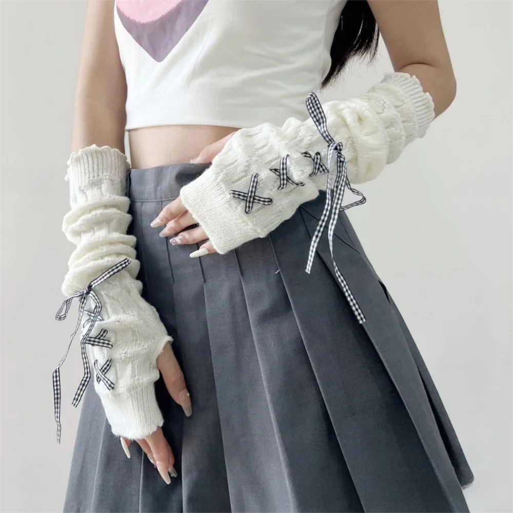 

Fashion Long Arm Warmer Gloves Knitted with Ribbon Warm Arm Sleeve Cold Proof Fingerless Gloves Autumn Winter