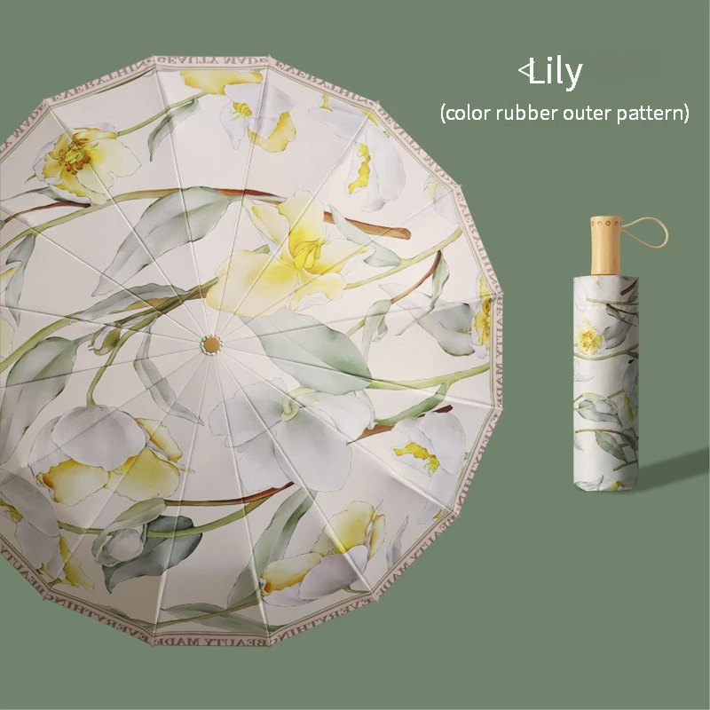 

16 Bone Color Glue Hand Open Parasol Three-fold Wooden Handle Sunscreen Umbrella Protection Umbrella Protection UV Rain and Rain