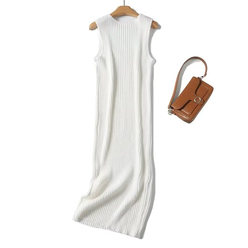 

Jenny&Dave French Minimalist White Color Cotton Blend Knitted V-neck Summer Dress Fashion Ribbed Slim Fit Tank Dress Women
