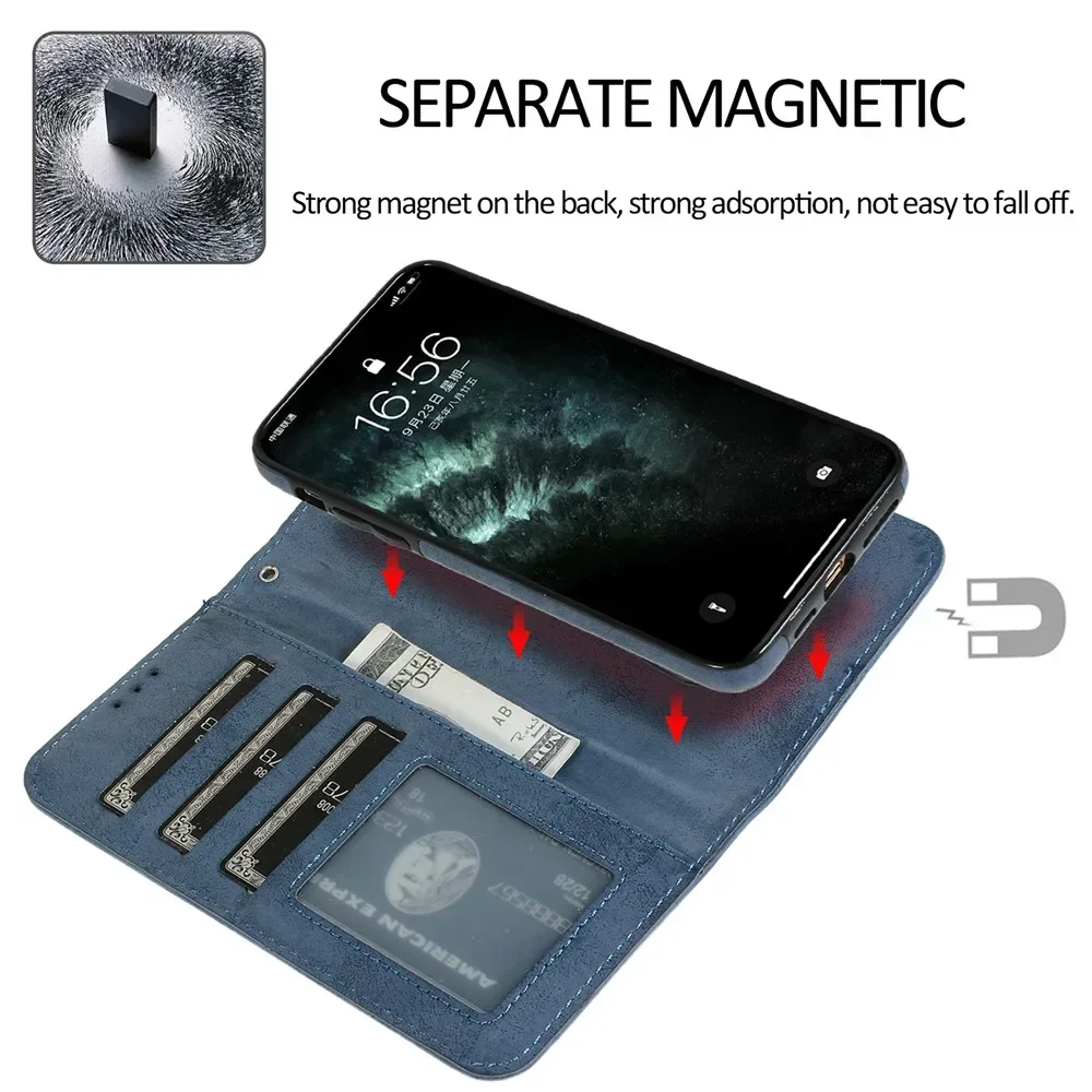 Luxury Leather Removable Flip Wallet Card Case for IPhone 13 14 15 16 Pro Max 12 Mini 11 XS XR X 8 7 Plus SE2022 Phone Bag Cover