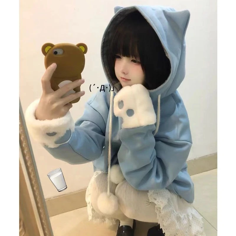 Sudadera con capucha y pata de oreja de gato con bordado de Anime japonés para mujer, abrigo de lana Kawaill dulce, chaqueta de moda Harajuku Y2k para invierno, nueva