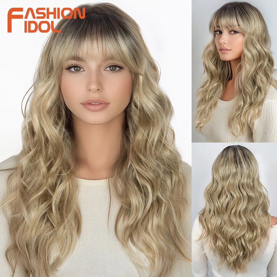 FASHION IDOL 20 inch Body Wave Lace Front Wigs Synthetic With Baby Hair Lace Wigs Brown Cosplay Wigs With Bangs Heat Resistant