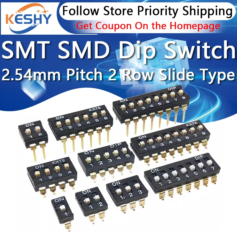 

10pcs/lot Slide Type SMT SMD Dip Switch, 2.54mm Pitch 2 Row 4 Pin 2 Position / 8 pin 4 Position / 16 pin 8 Position