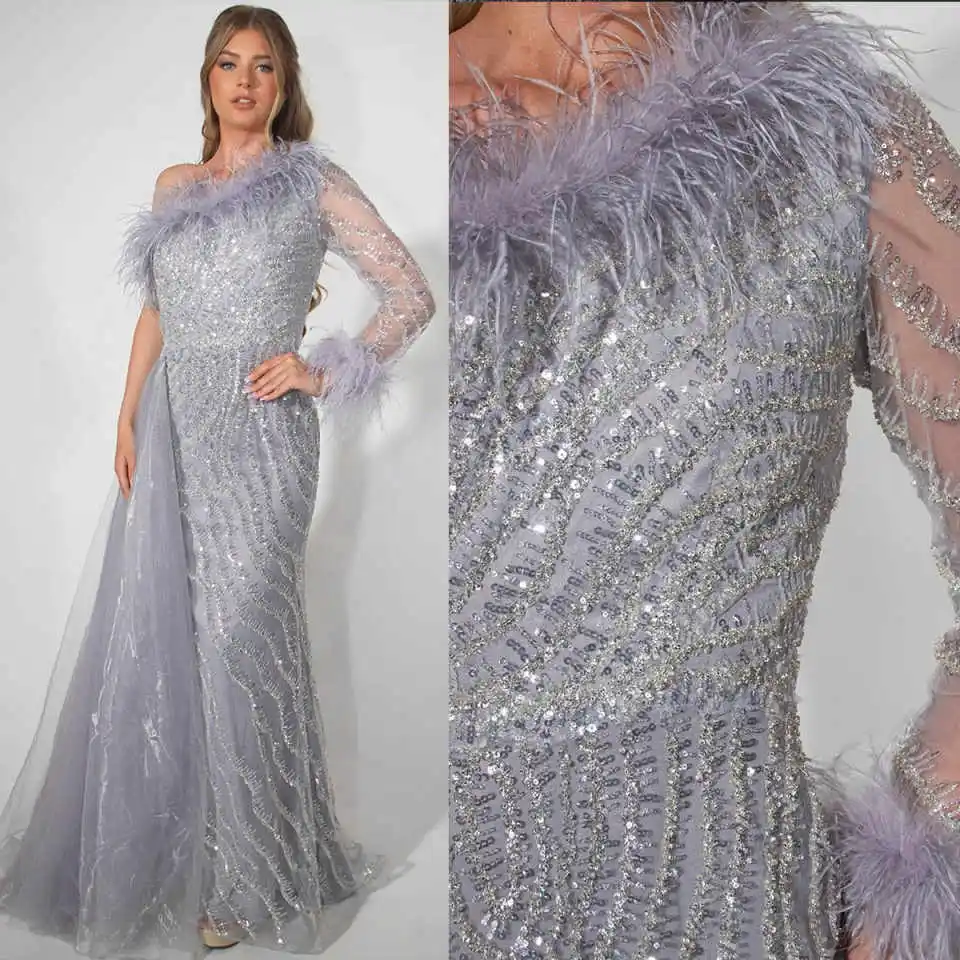 Robe de soirée sirène de luxe, asymétrique épaule dénudée, manches longues, plumes, paillettes, robe de soirée de mariage, personnalisée