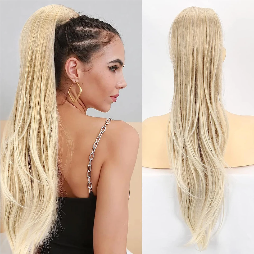 Ponytail Extensions 26 Inch Long Natural Wavy Drawstring Straight Hair Fake Tail Synthetic Hairpiece for Women Daily Use party