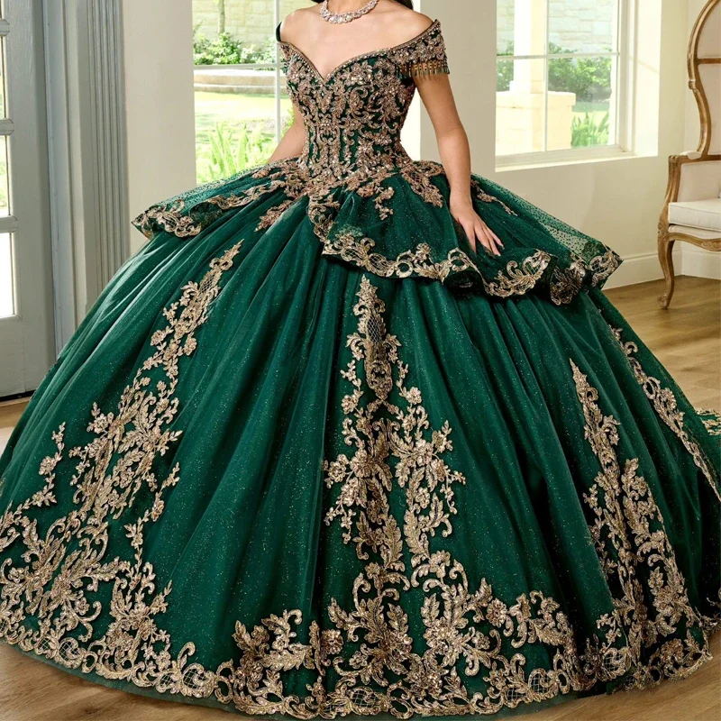 

Angelsbridep Emerald Green Ball Gown Quinceanera Dresses 2025 With Glitter Tulle Sweet 16 Evening Party Dress Vestido De 15 Años