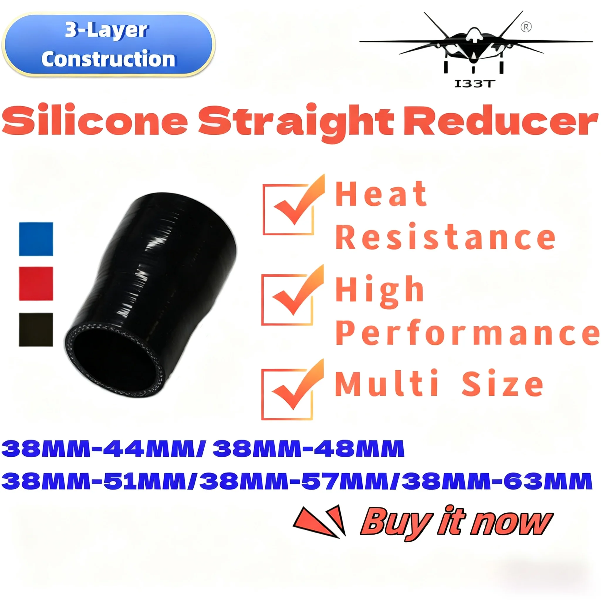 I33T Automotive Silicone Straight Hoses 38MM-44MM Black 3 Layer Reducer High Performance Coupler Car Air Intake Engine Part