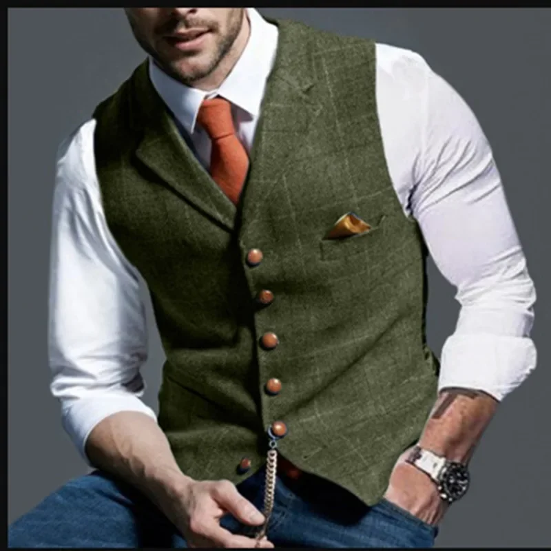 Mens Suit Vest Notched Plaid Wool Herringbone Tweed Waistcoat Casual Formal Business Groomman for Wedding Green/Black/Green/Grey