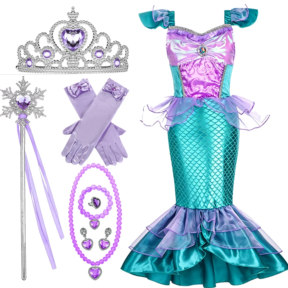 Lila Meerjungfrauen-Kostüm, ärmelloses langes Kleid mit Muschelkette und Krone für Mädchen, Halloween-Party, Cosplay, Sommer-Outfit – Detail 6