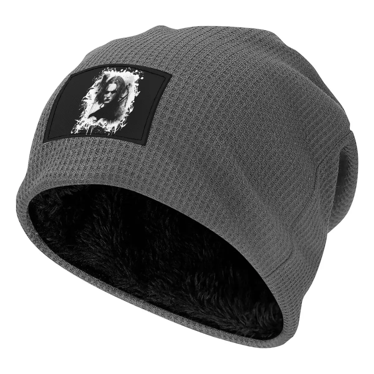 Eric Draven The Crow Waffle Knit Fleece Lined Beanie with PU Leather Patch Unisex Warm Winter Soft Cap