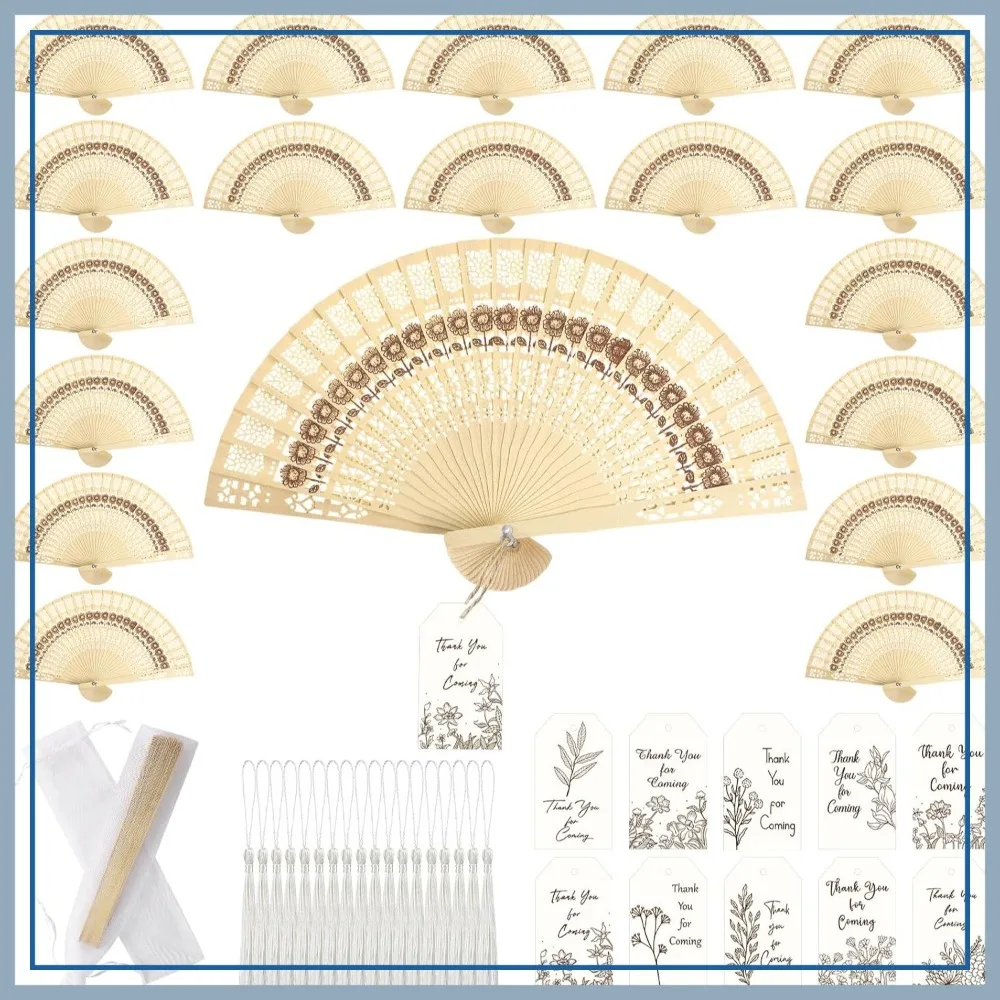 

100 Wedding Fans Bulk Folding Wooden Hand Fans Sandalwood Hollow Carved Handheld Fan with Thank You Cards, Tassels and Gift Bags for Party Favors