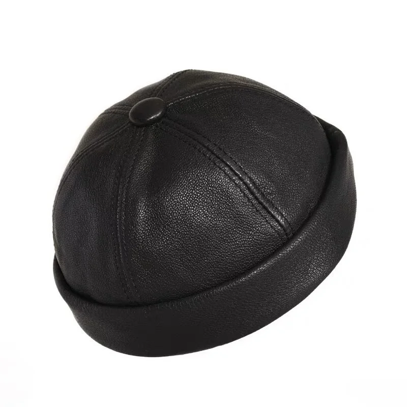 Retro Real Leather Hat Chinese style Hat Sheepskin Cap Thin Round Male Caps Fashion Winter And Autumn Luxury Hats Landlord hat