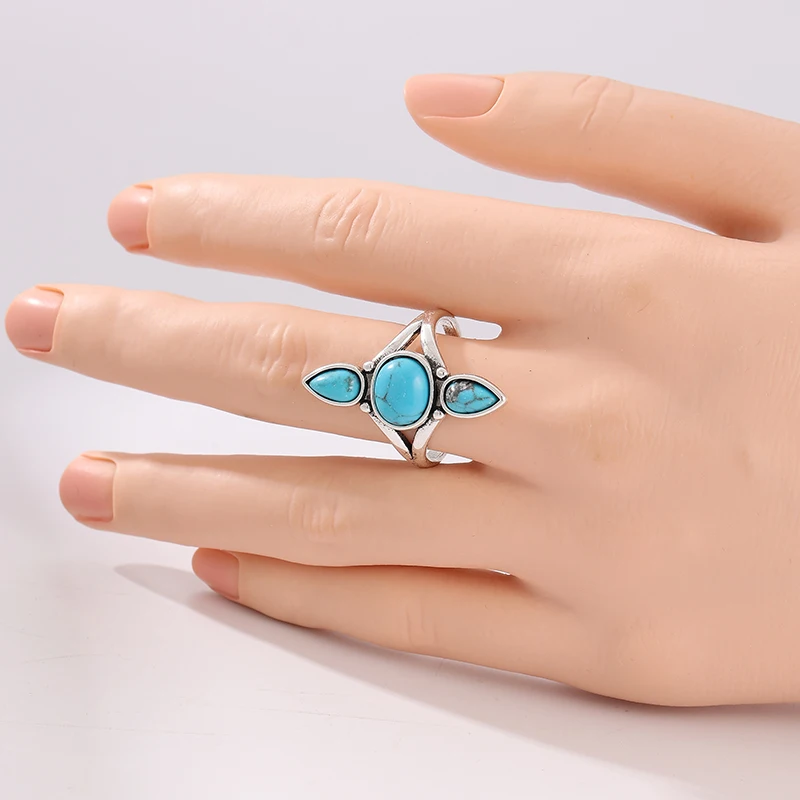 Ethnischer Ring mit eingelegtem Imitationstürkis für Damen, Vintage-Silberfarbe, geometrisch, für den täglichen Gebrauch, Partyschmuck, Jubiläumsgeschenk – Detail 1