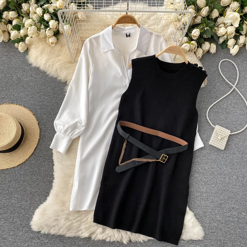 Nomikuma Elegant Two Pieces Dress Sets Long Sleeve Blouse Dresses + Knitted Sleeveless Vest Korean Belt Slim Waist Suits 6V908