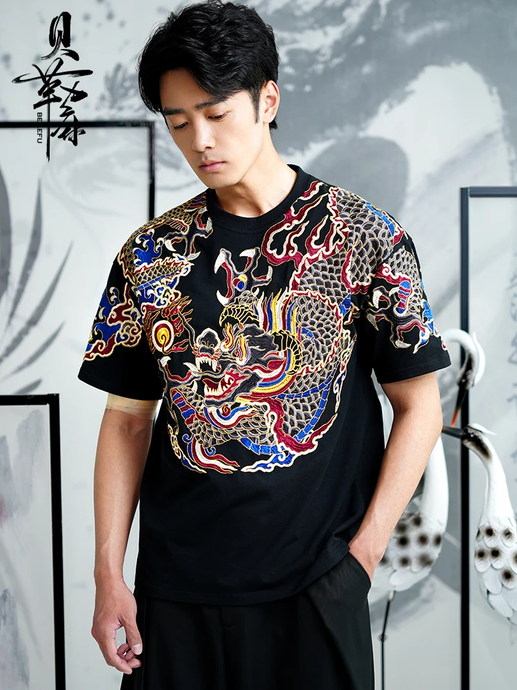 Chinese Style Heavy Embroidered Dragon Robe T-shirt Summer Trendy Short-sleeved Top Black Plus Size