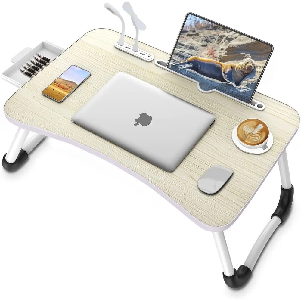 

Portable Laptop Desk with USB Ports, Cup Holder, and Storage Tray for Bed or Couch Use