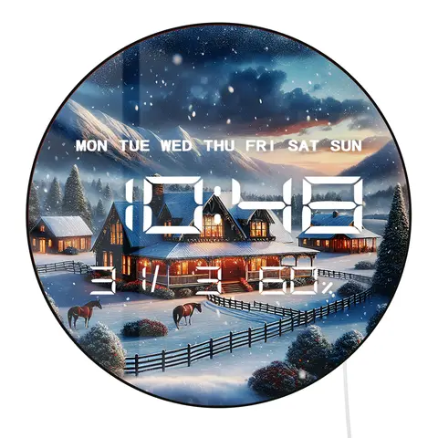 Winter Horse Pasture Landscape Snowy Farm LED Digital Wall Clock with Calendar Temperature Auto Dimming 12/24hr Electric Clock