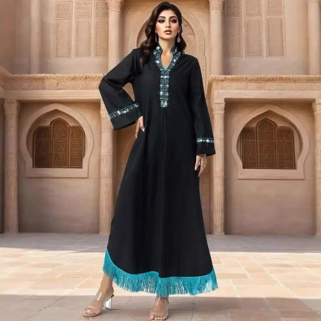 

Ba5013 Black Blue Tassel Beaded Long Dress Ethnic Style Dress Muslim Long Dress Robe Abaya Ramadan Dubai Luxury Islam Elegant