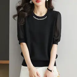 Temperament Summer New Solid Women's Embroidered Flares Gauze Ice Silk Fabric Fashion Commuter Short Sleeve Loose Knitted Tops
