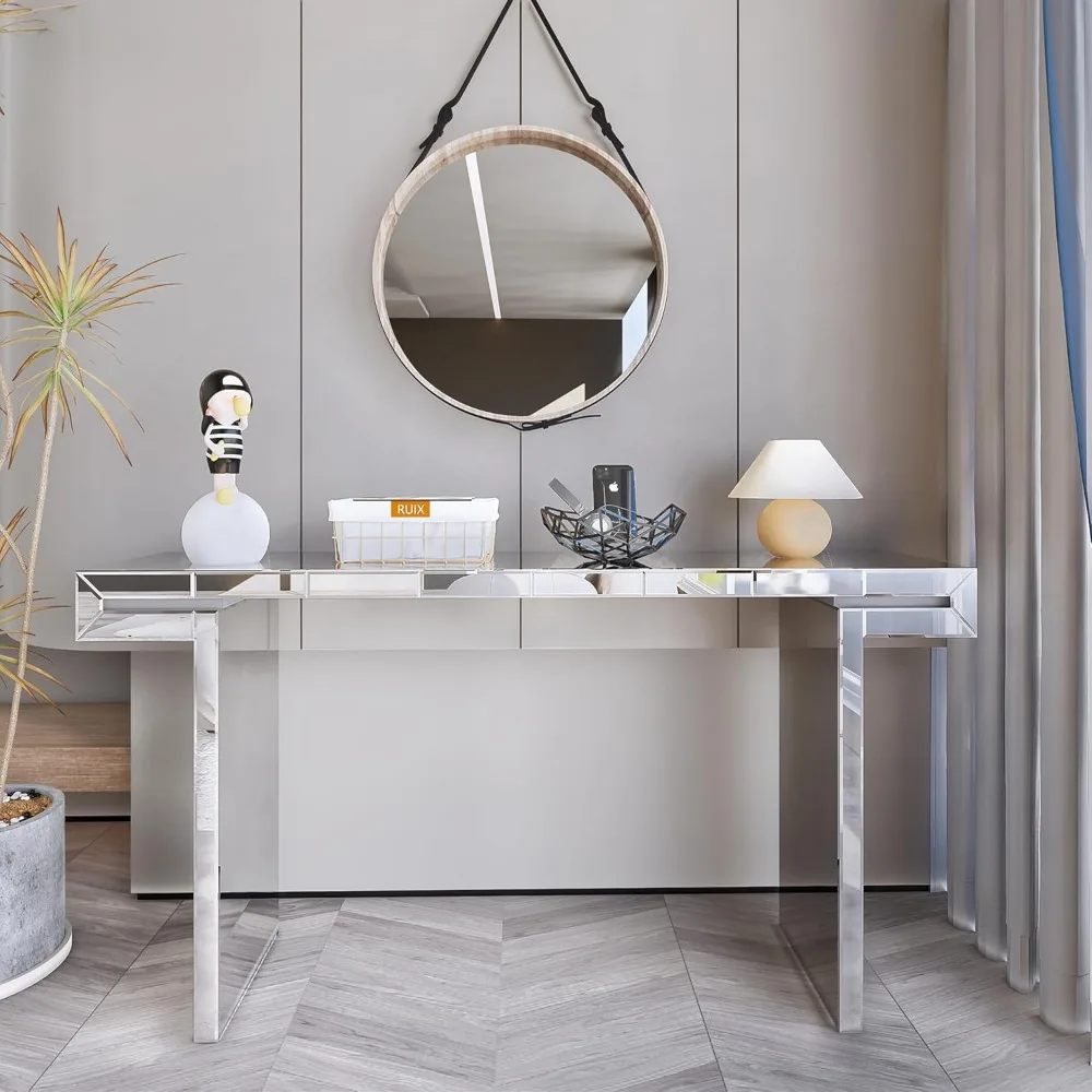 

Modern Console Entryway Tables Luxury Silver Mirrored Entry Way Foyer Table with Innovative Fold-Back Design Legs 60" Long Glass