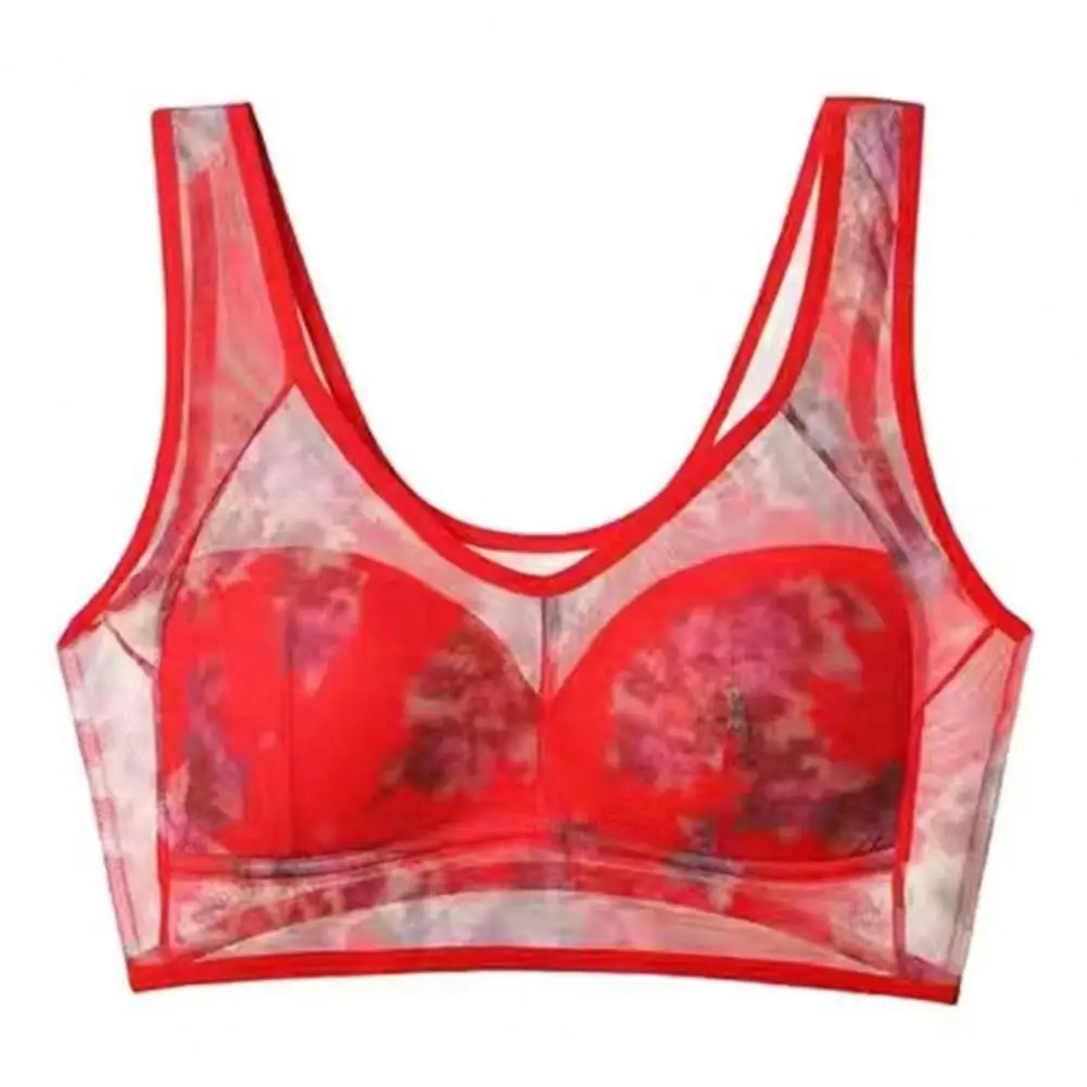 Mid-aged Women Bra Mesh Thin Plus Size Floral Print Wide Shoulder Strap Wireless Anti-snagging Push Up Seamless Mother Bra