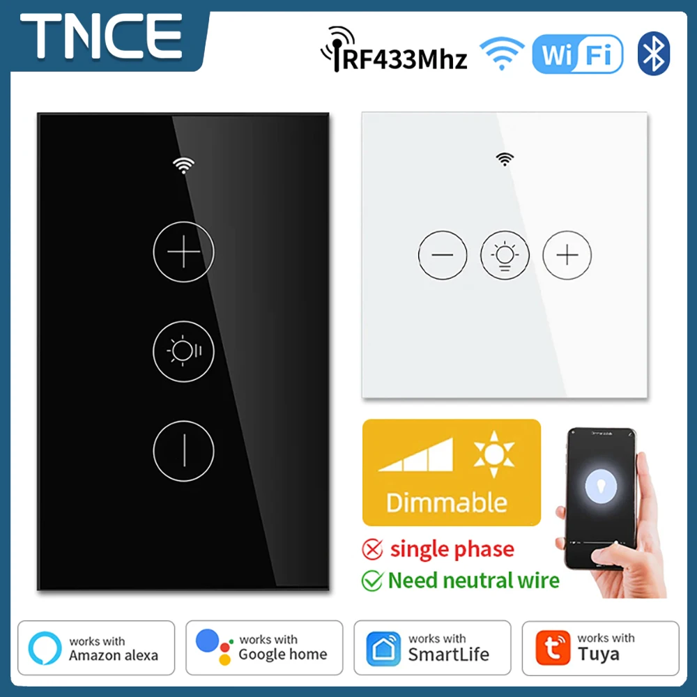 TNCE Tuya WiFi Smart Dimmer Switch Light Wireless Touch Dimming Wall Control LED Remote EU/US 220V Work with Alexa Google Home