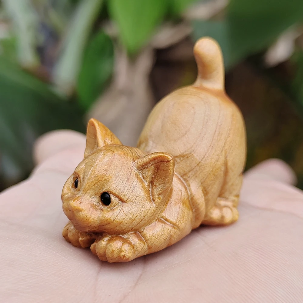 1.7 Inch Hand-Carved Wooden Cat Figurine Ornament Animal Theme Suitable for Living Room, Housewarming Gift, Study Room, Holiday Decoration, Halloween Decorations, Men's Gift, Home Decoration, Back-To-School Season Gift
