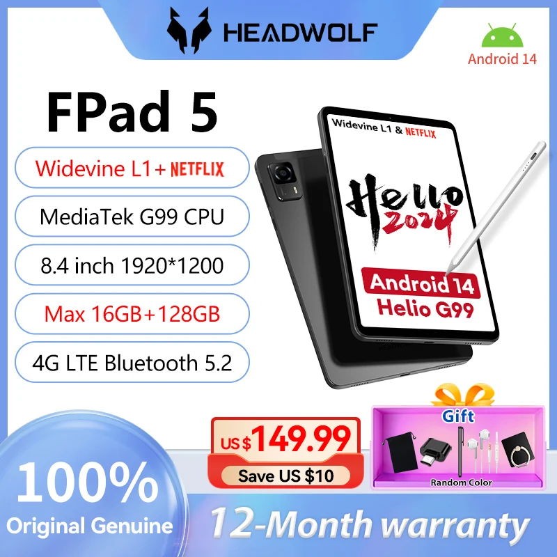 Headwolf Fpad5 8.4inch tablet Android 14 Netflix L1 Helio G99 Max16GB RAM+128GB ROM dual SIM card calling phone tabletPC 5500mAh