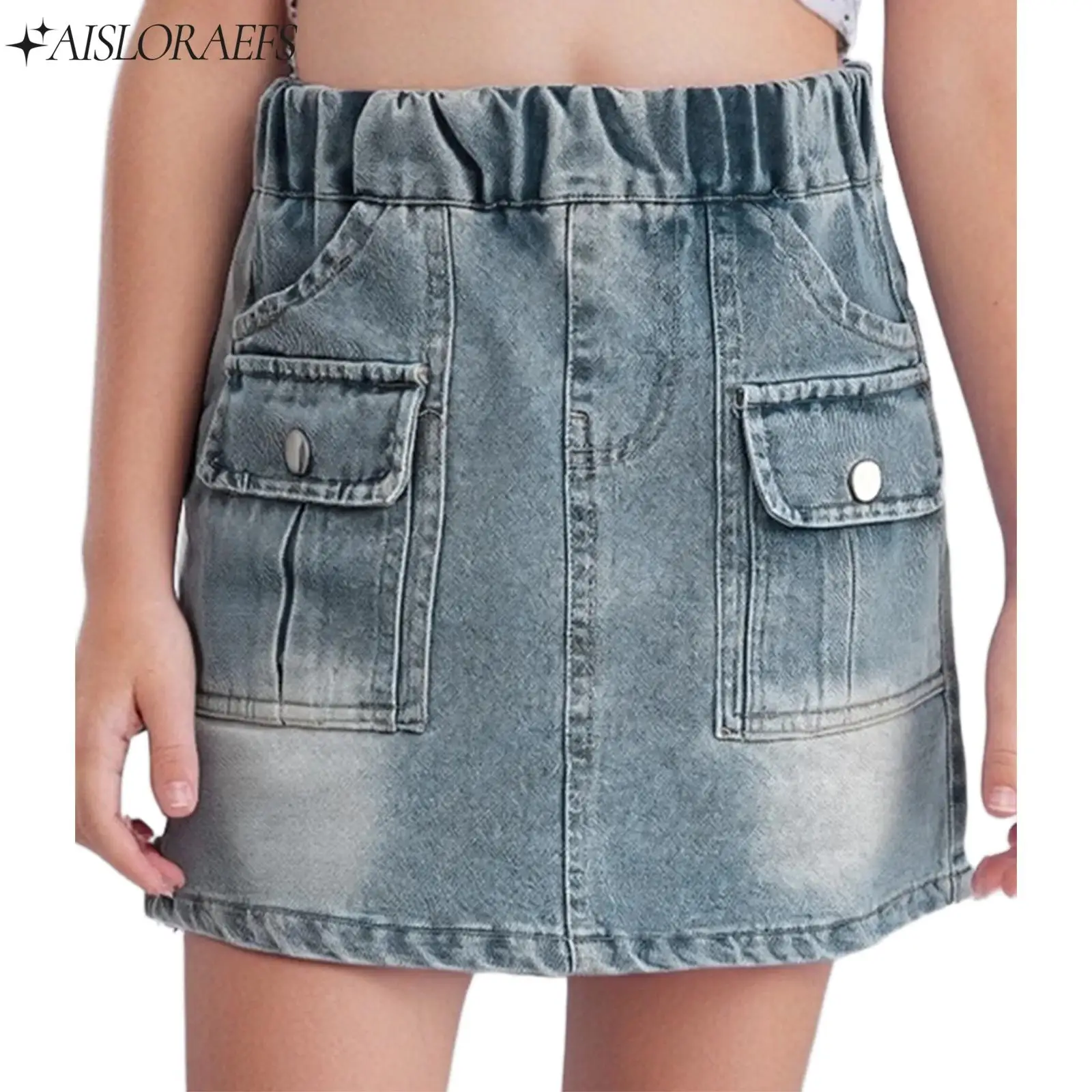 

New Girls Denim Cargo Skirt High Waist Elastic Waistband A-Line Miniskirt with Flap Pockets for Weekend Picnic Vacation Beach