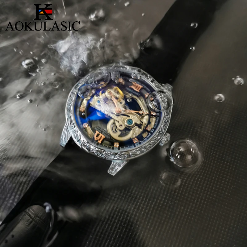 AOKULASIC الفاخرة جلد رجل آلات أوتوماتيكية ساعة ريترو الهاتفي تصميم الوجهين الجوف خارج توربيون مقاوم للماء ساعة رجالية
