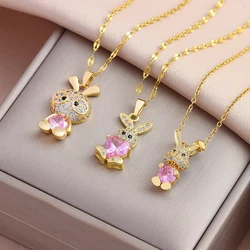Sweet Sexy Sparkling Pink Zircon Crystal Rabbit Pendant Necklaces For Women Trendy Female Stainless Steel Neck Chain Jewelry