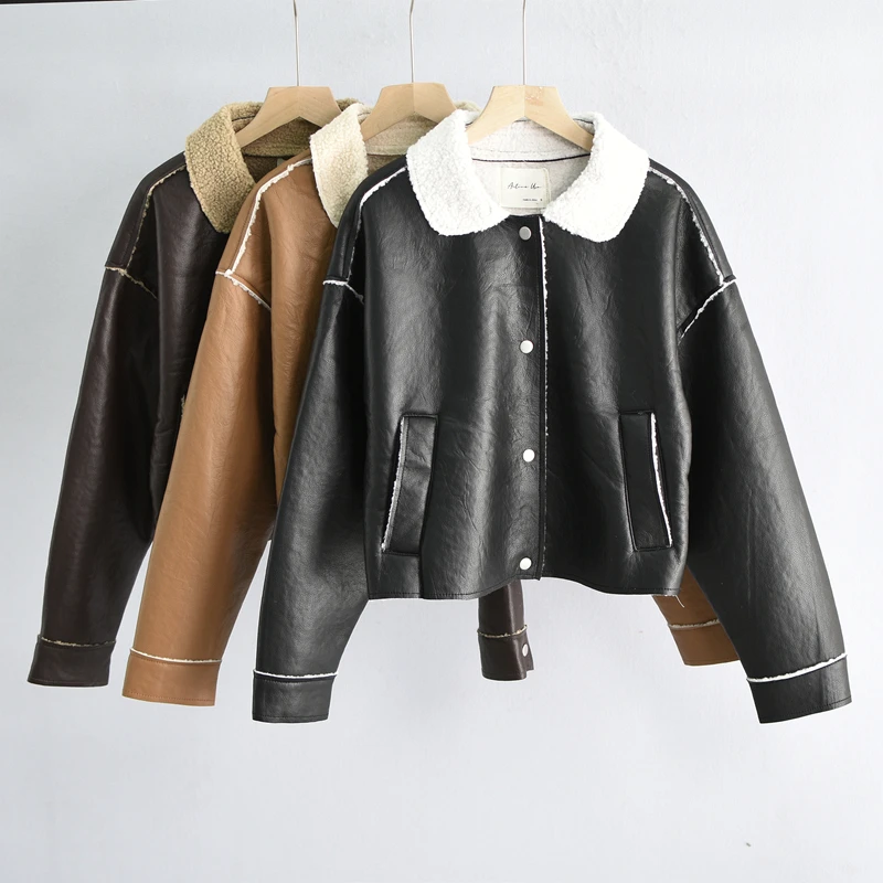 Leather And Fur Short Jacket Women's Loose Korean Style Motorcycle Wind Lamb Fur Outerwear Autumn Winter Fashion Youth Polyes...