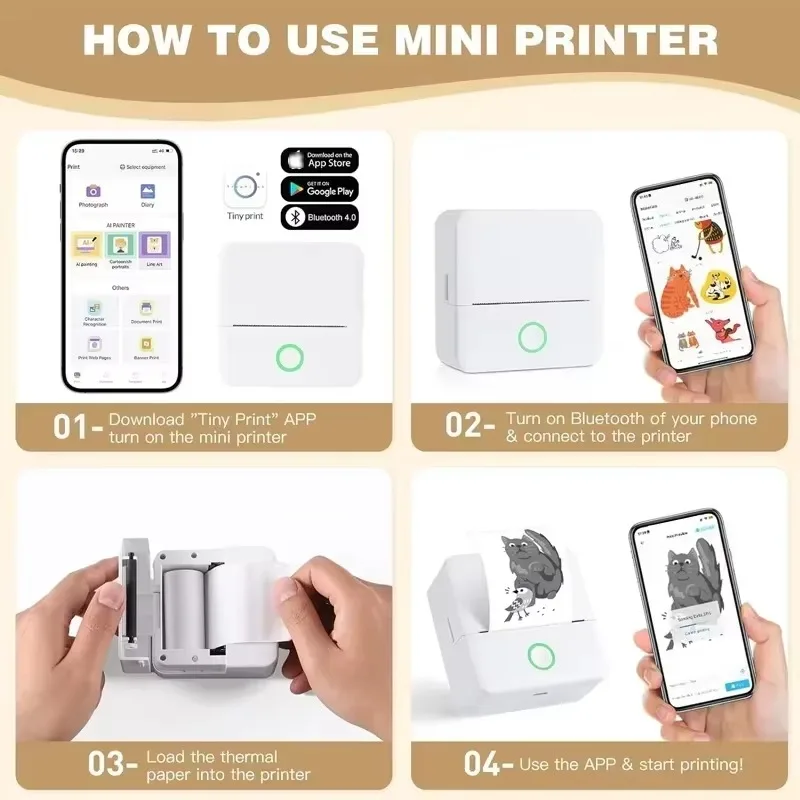 Portable Mini Thermal Printer Wireless Bluetooth 4.0 200dpi Photo Label Memo List Printing with USB Cable Imprimante Portable