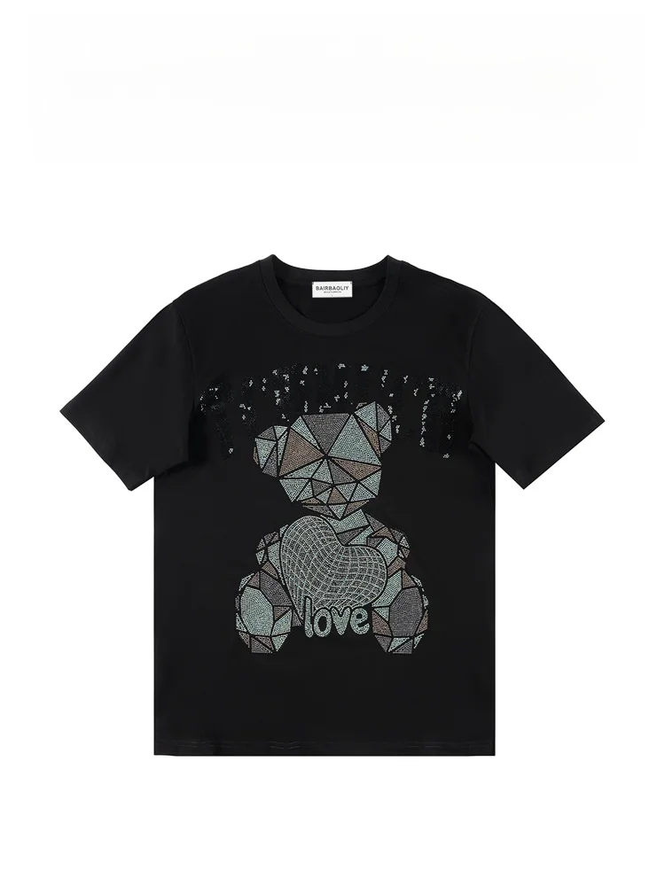 

Футболка BAIRBAOLIY класса люкс, модный бренд, приталенная, с дизайном в виде сердца и медведя из страз, дышащая, современная, из хлопка