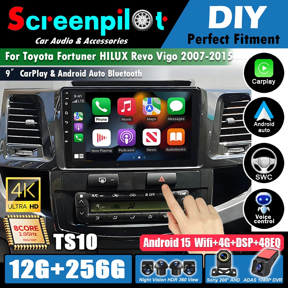 Android 16For Toyota Fortuner HILUX Revo Vigo 2007-2015 Multimedia Video Player Stereo GPS 2din Carplay Car Radio wifi Stereo