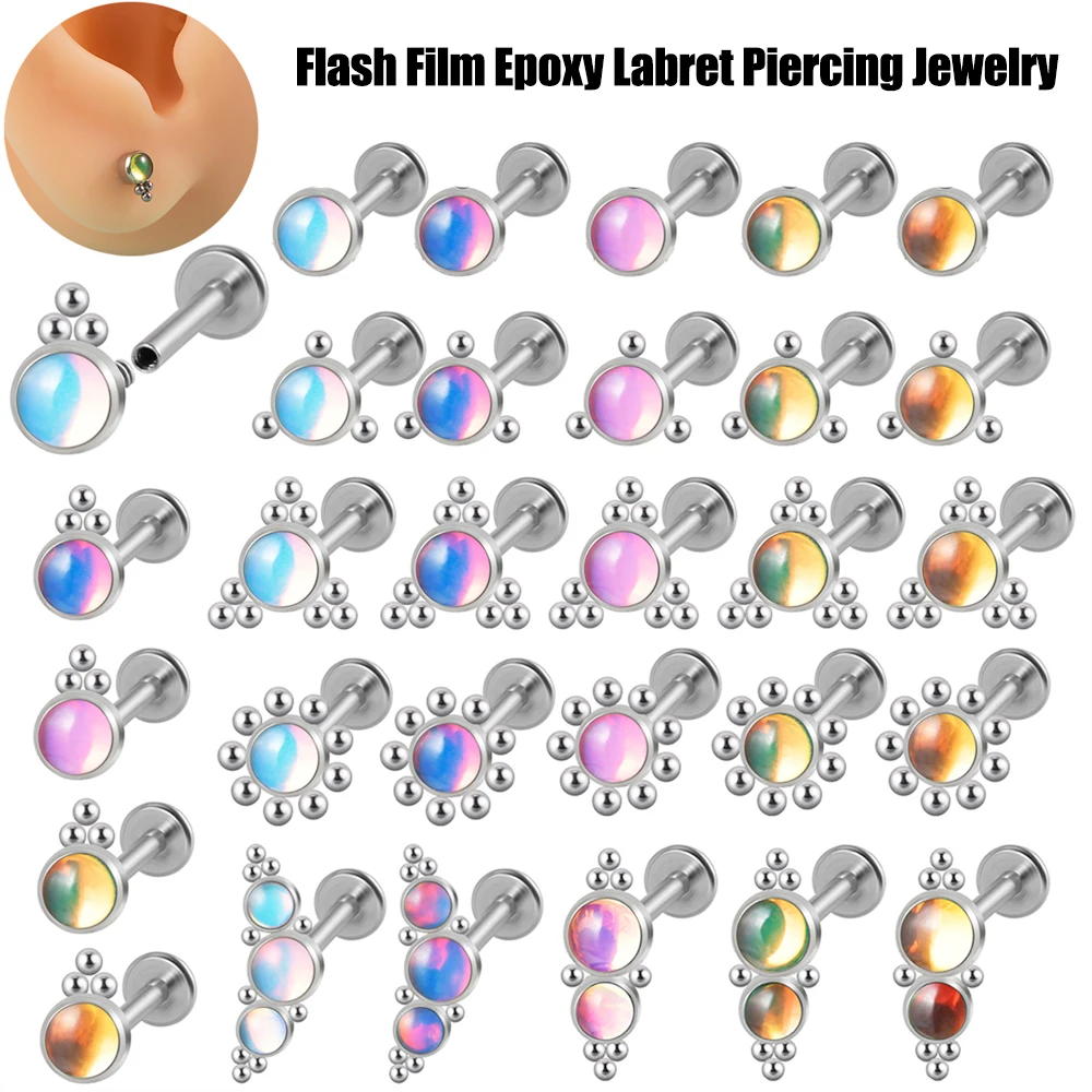 1PC Surgical Steel Flash Film Epoxy Labret Flat Back Lobe Helix Tragus Earring Internal Thread Lip Piercing Jewelry 1.2x8mm