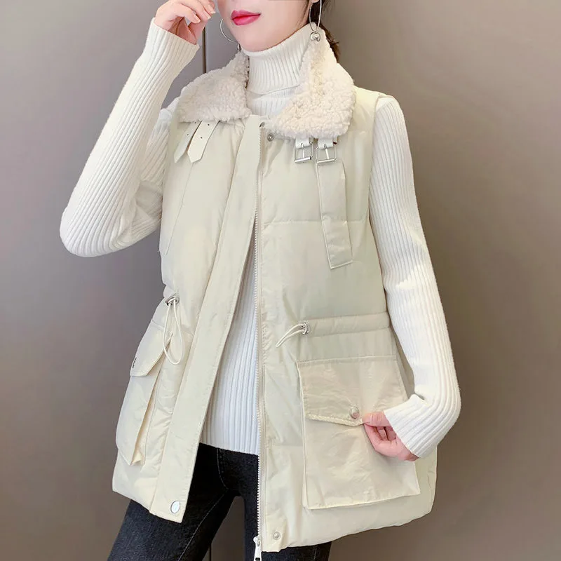 Lapel jaket rompi bulu wanita kerah wol domba rompi bulu gaya Korea rompi atasan katun hangat mode wanita rompi hangat kasual